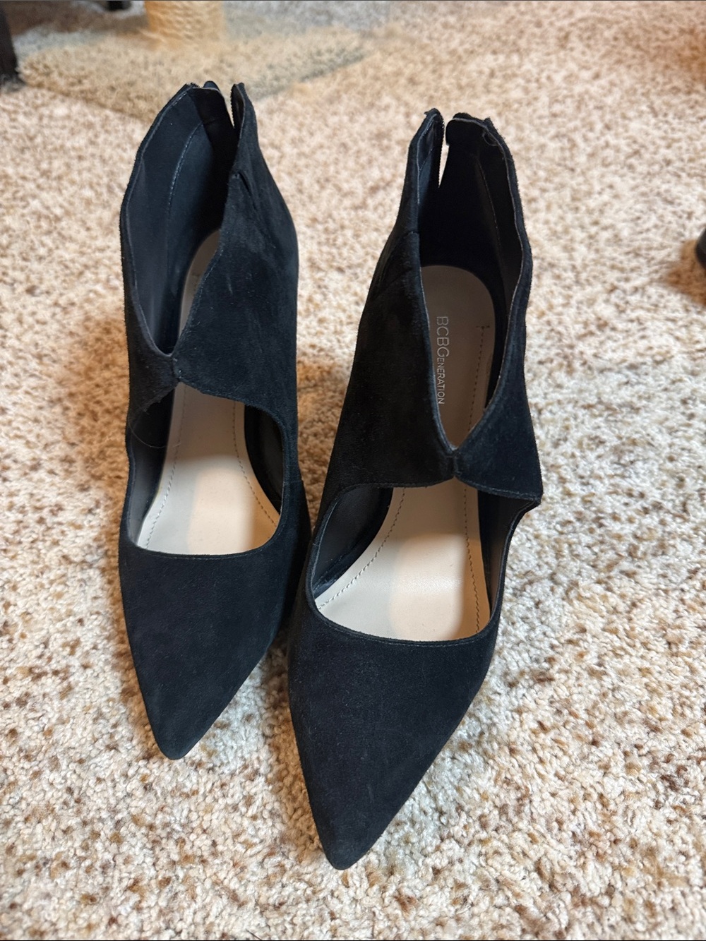BCBG Black Suede Pointed Cutout Heels